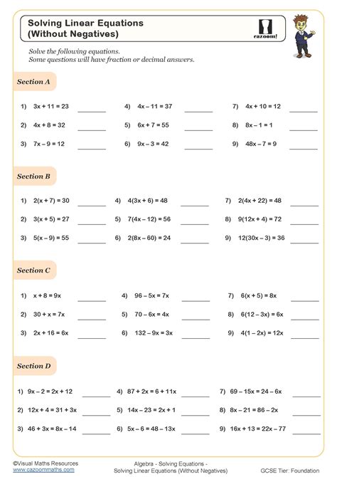 Solving Linear Equations (Without Negatives) Worksheet | Cazoom Maths ...