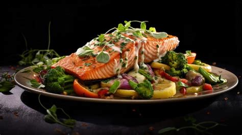 Premium AI Image | Professional food photography of Salmon with vegetables