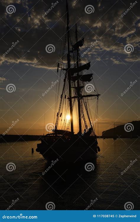 Tall ship sunset stock image. Image of sail, ship, sails - 117038745