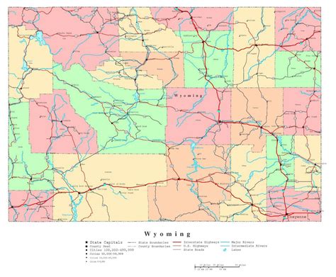 Large detailed administrative map of Wyoming state with roads, highways ...