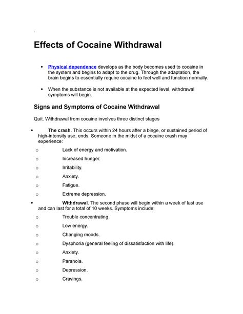 Effects of Cocaine Withdrawal - Effects of Cocaine Withdrawal Physical dependence develops as ...