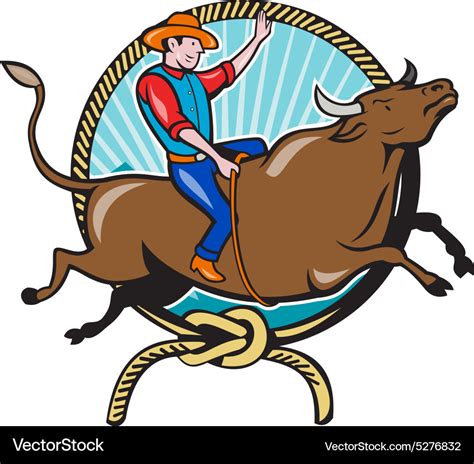 Rodeo cowboy bull riding lasso cartoon Royalty Free Vector