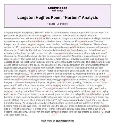 Langston Hughes Poem “Harlem” Analysis Free Essay Example