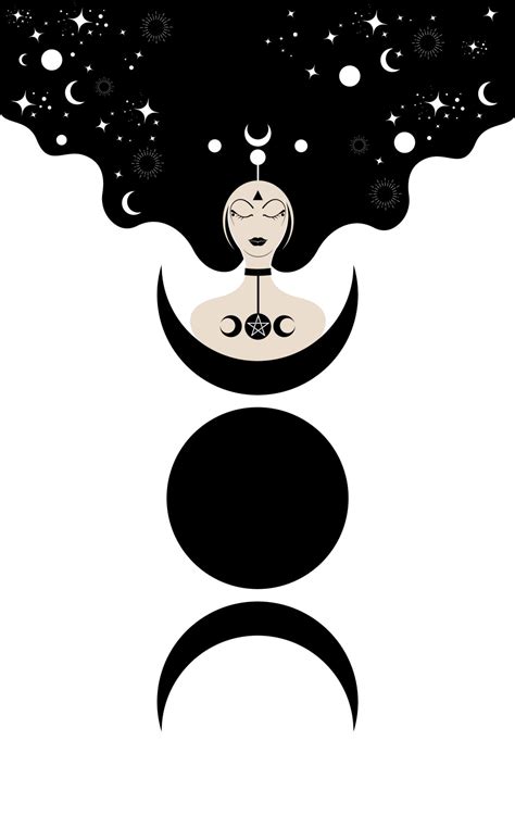 Priestess with lonh hair, template. Triple Moon, sacred wiccan woman ...