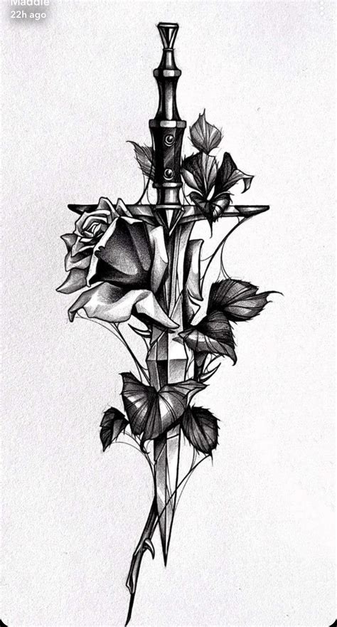 Sword And Rose Tattoo, Rose Thorn Tattoo, Knife And Rose Tattoo, Rose Tattoo Leg, Kritzelei ...