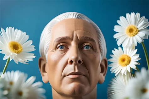 Premium AI Image | a bust of a man with white hair and flowers in the background.