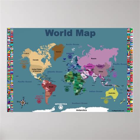 World Map For Kids - Blue with Flags Poster | Zazzle