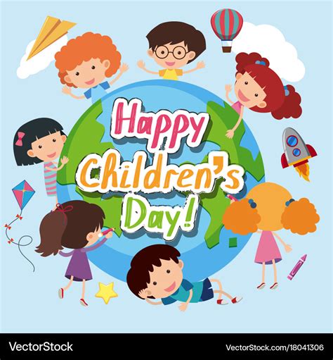 Happy children day poster with kids around Vector Image