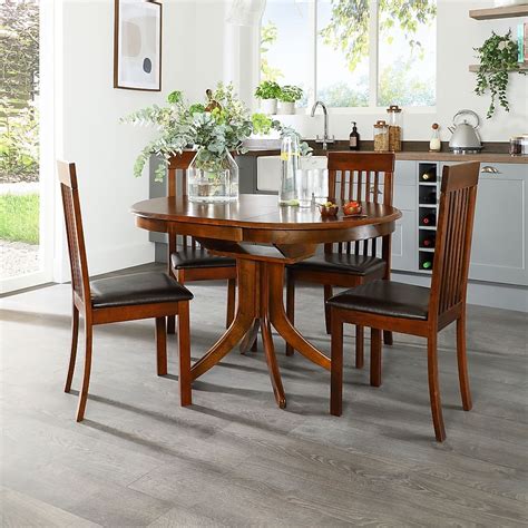 Hudson Round Extending Dining Table & 6 Oxford Chairs, Dark Solid Hardwood, Brown Classic Faux ...