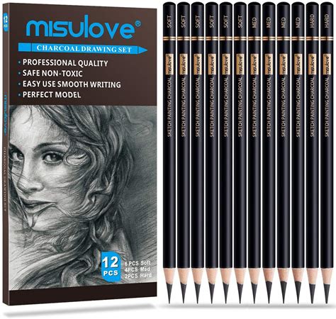 Buy MISULOVE Professional Charcoal Pencils Drawing Set - 12 Pieces ...