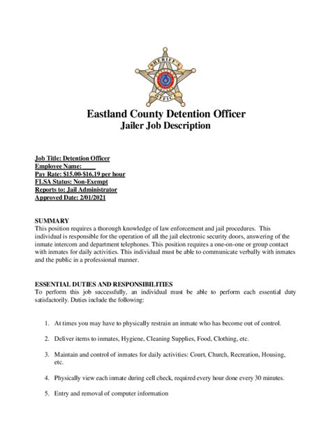 Fillable Online Eastland County Detention Officer - Jailer Job ...