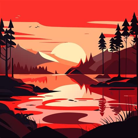 Premium Vector | Sunset on lake red sky with sun going down the pond ...