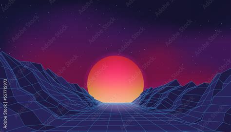 Retro neon synthwave, arcade game background. Techno mountain landscape ...