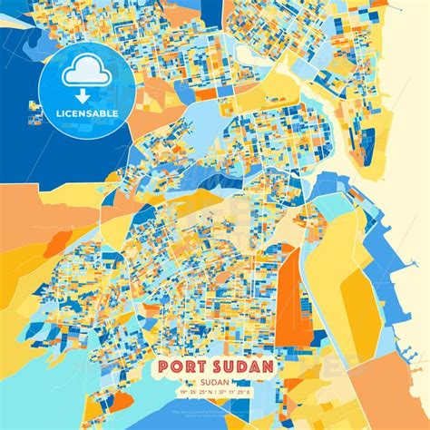 a map of the city of port sudan in orange, blue and yellow colors