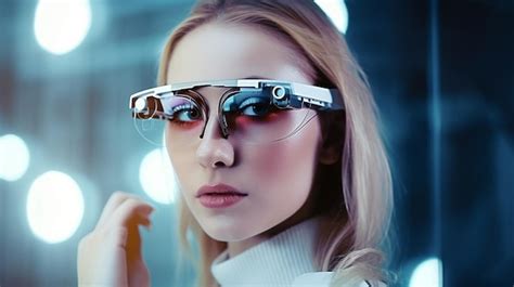 Premium Photo | Woman wearing future smart glasses on a hightech backdrop generative ai