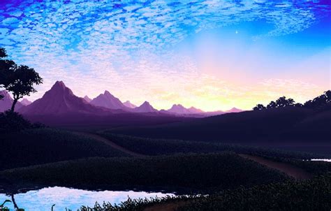 Wallpaper Nature, Mountains, Retro, View, Art, Graphics, Pixels, 8bit for mobile and desktop ...