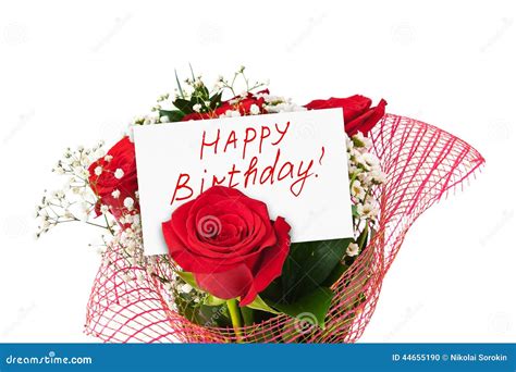 Roses Bouquet And Card Happy Birthday Stock Photo - Image: 44655190