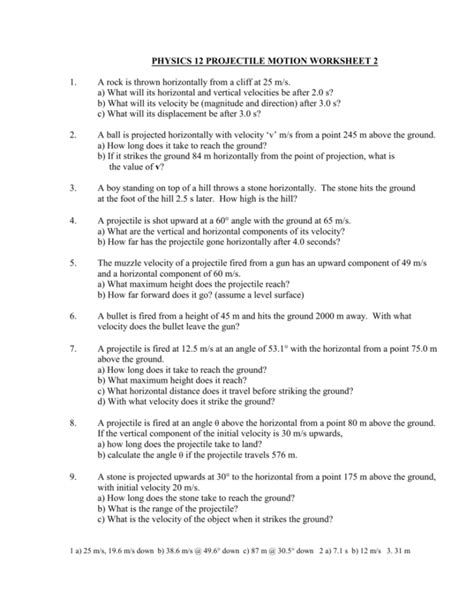 Horizontally Launched Projectile Worksheet Answers — db-excel.com