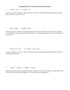 Limiting Reactant-Theoretical Yield and Percent Yield Worksheet for 10th - Higher Ed | Lesson Planet