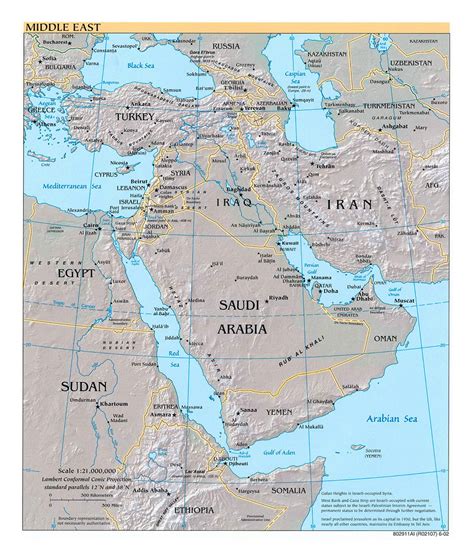 Detailed political map of the Middle East with relief, major cities and capitals - 2002 | Middle ...