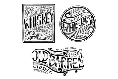 Vintage American whiskey badge. Alcoholic Label with calligraphic elements. Hand drawn engraved ...