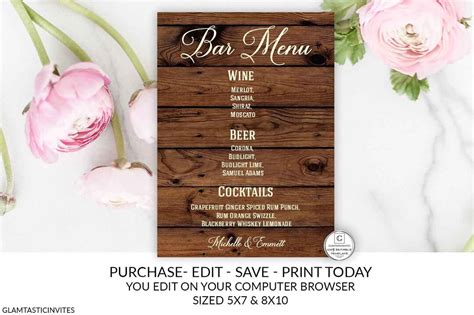 Rustic Country Wedding Bar Menu Editable Printable Wedding Bar Sign DIY ...