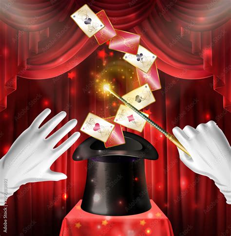 Magic show trick with playing cards flying out of black top hat, hands in white gloves hold wand ...