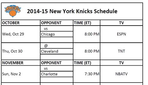 2014-15 New York Knicks Schedule - PrinterFriendly