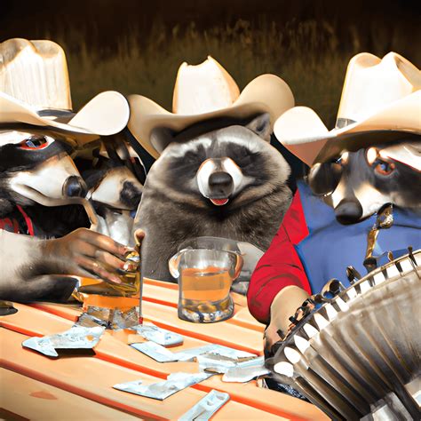 Raccoons Playing Poker and Drinking Beer in Cowboy Hats · Creative Fabrica