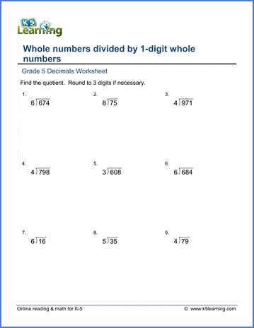 grade 5 decimals worksheets divide whole numbers by whole numbers k5 ...