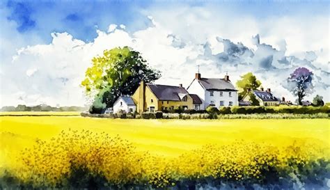 Premium AI Image | A watercolor painting of a yellow field with a ...