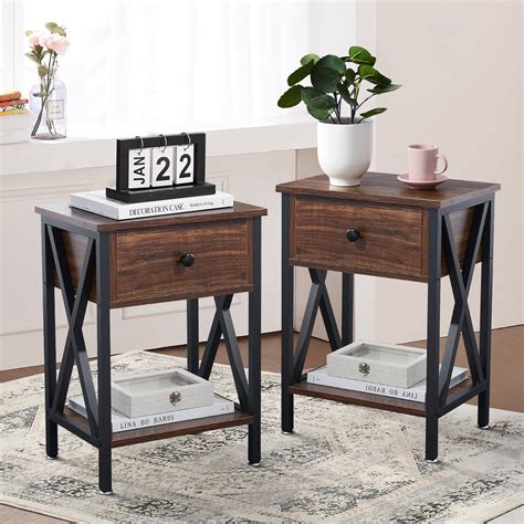 VECELO Set of 2 Nightstand End Side Table with Storage Drawer & Shelf Bedroom Furniture, Brown ...