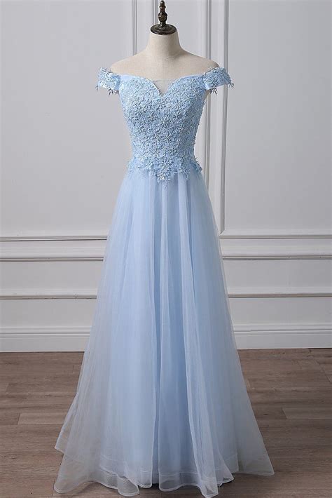 Light Blue Tulle Lace Prom Dresses,Off Shoulder Evening Dress,Lace Up Bridesmaid Dresses in 2021 ...