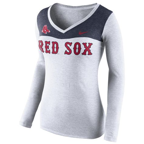 Nike Boston Red Sox Women's White Color Blocked Tri-Blend V-Neck Long Sleeve 1.6 T-Shirt