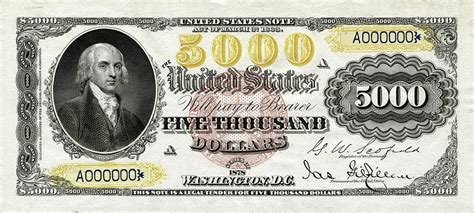 U.S. Five Thousand Dollar Bill - 1878 $5000 USD Treasury Note Digital Art by Serge Averbukh | Pixels