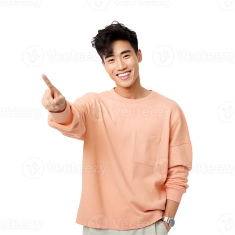 Asian man smiling and surprised pointing isolated. Concept of offers or ...