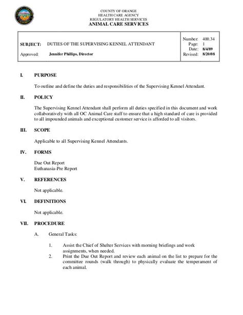 400.34 duties of the supervising kennel attendant