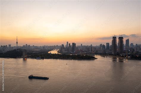 Wuhan skyline and Yangtze river with supertall skyscraper under construction in Wuhan Hubei ...