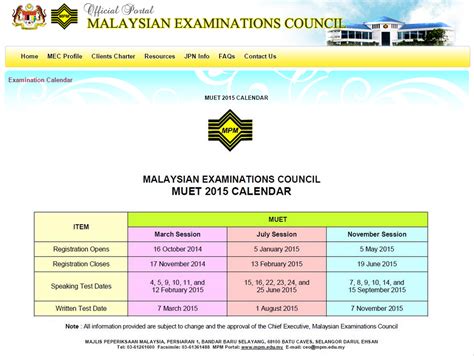 MUET: English In Pre-University & University: MUET Schedules