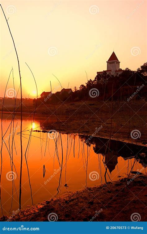 Sunrise Sunset Over Calm Water Stock Image - Image of grass, landscape ...