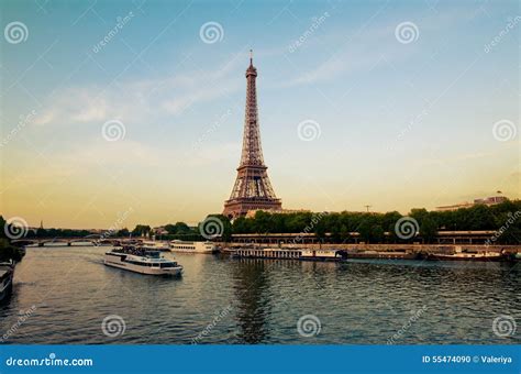 Eiffel Tower with Boats in Evening Paris Stock Photo - Image of skyline ...