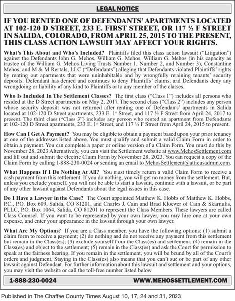 CLASS ACTION LAWSUIT | Public Notices | chaffeecountytimes.com