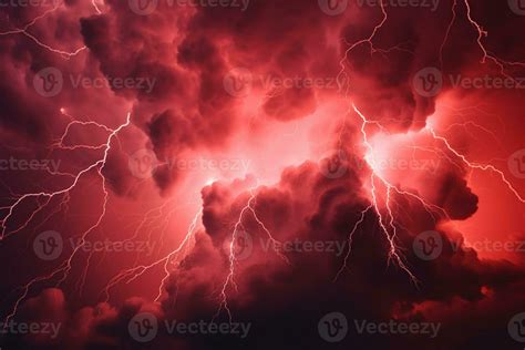 Intense red storm clouds electrified by dramatic bolts of lightning. AI ...