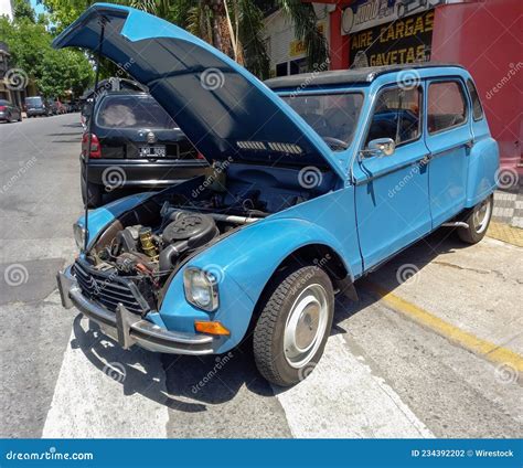 Old Blue Citroen Dyane 1970s on the Sidewalk. Open Hood. Engine. Expo Warnes 2021 Classic Car ...