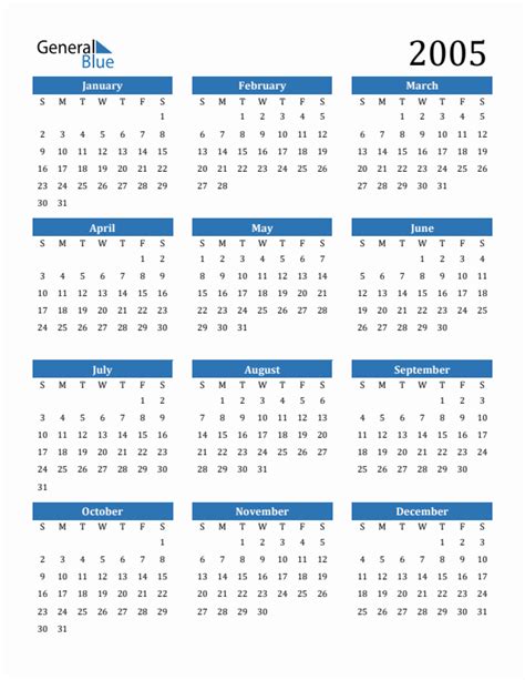 Free 2005 Calendars in PDF, Word, Excel