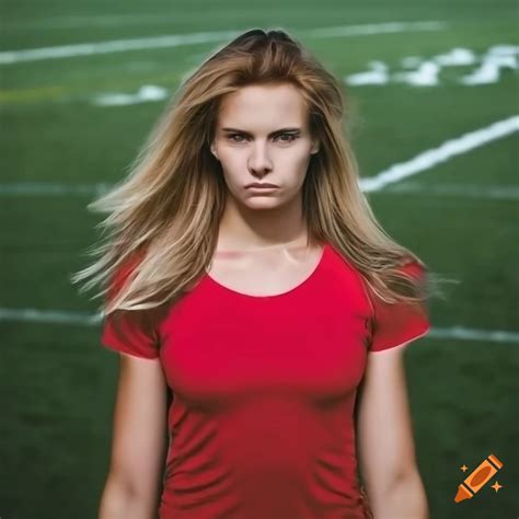 Attractive blonde female on an american football field in a red t-shirt ...