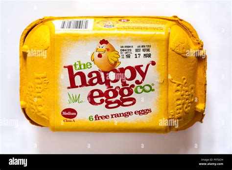 Carton of the happy egg co 6 free range eggs isolated on white background - egg box closed ...