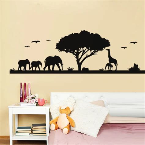 Africa Zoo Wall Stickers Jungle Landscape Elephant Giraffe Animal Wall Decals Sofa Background ...