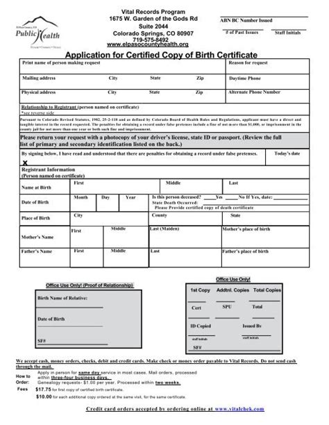 Application for Certified Copy of Birth Certificate - El Paso County ...