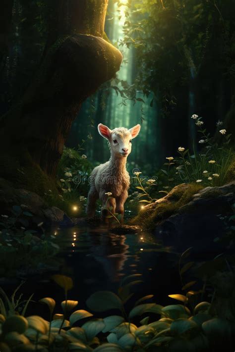 Lamb of God. Little Lamb Standing in the Mud at the Edge of the Forest Stock Illustration ...